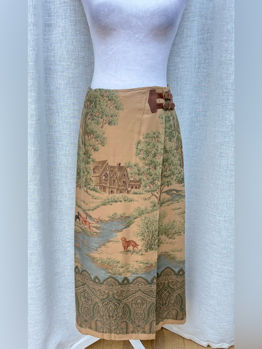 1990 Lauren Ralph Lauren wrap skirt with countryside landscape scenes print